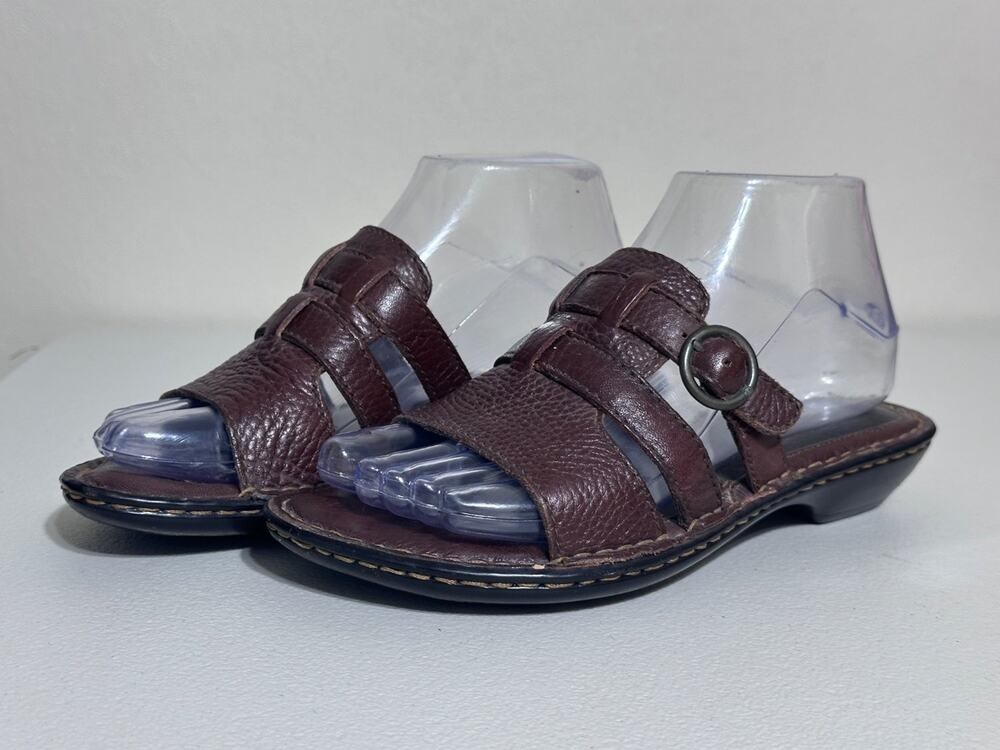 Børn Womens Size 6 Brown Slide Sandals Contrast Welt Stitching Low Wedge Heel